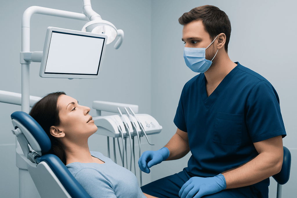 Dentist consulting with a patient in a modern dental clinic.