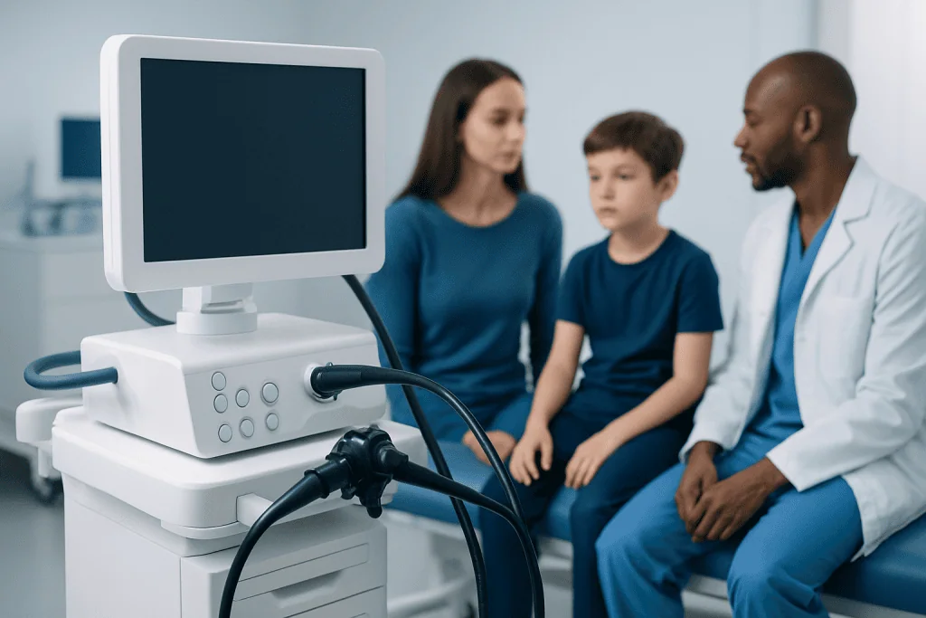 Doctor consulting with a mother and son in a medical examination room.