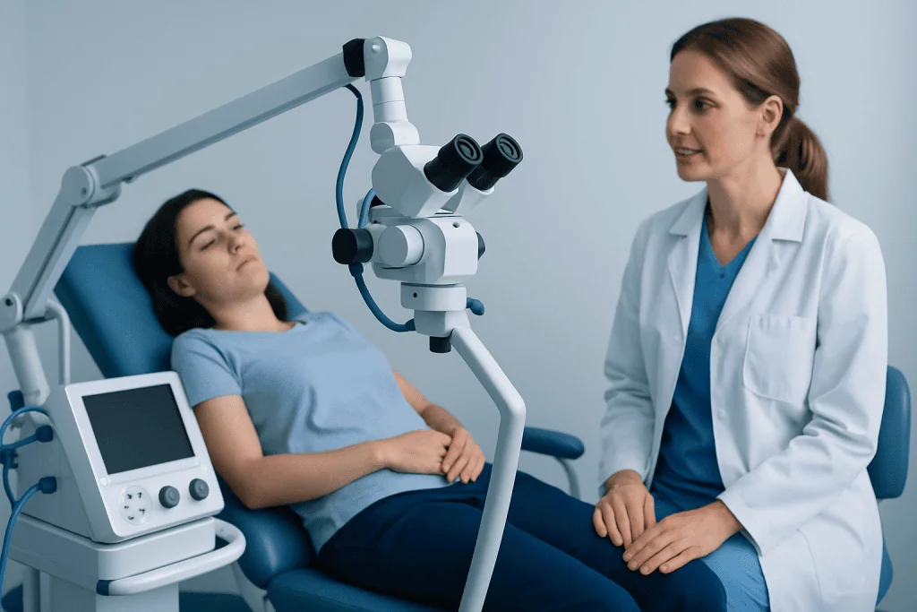 Young woman undergoing gynecological examination with medical equipment.