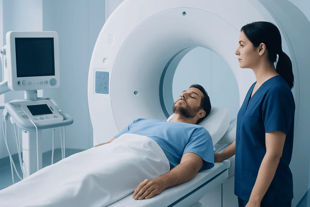 Patient undergoing a CT scan in a modern medical facility.