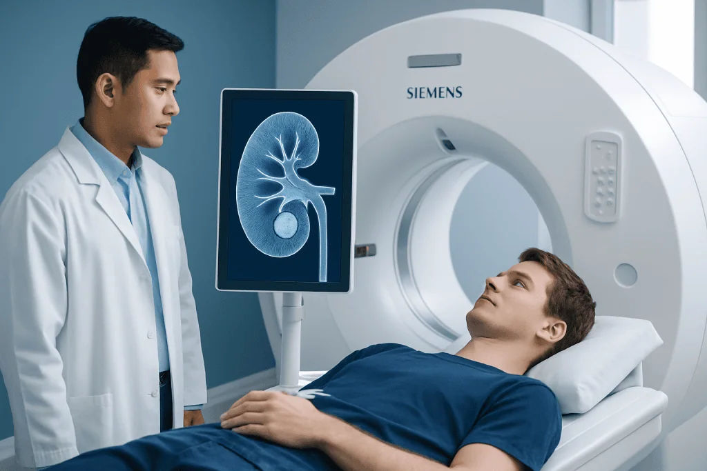 Doctor discussing kidney scan results with patient in hospital.