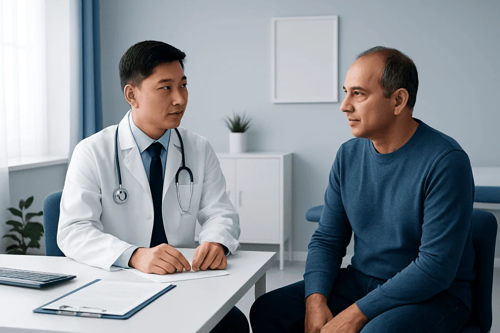 Doctor consulting with male patient in a modern clinic setting.