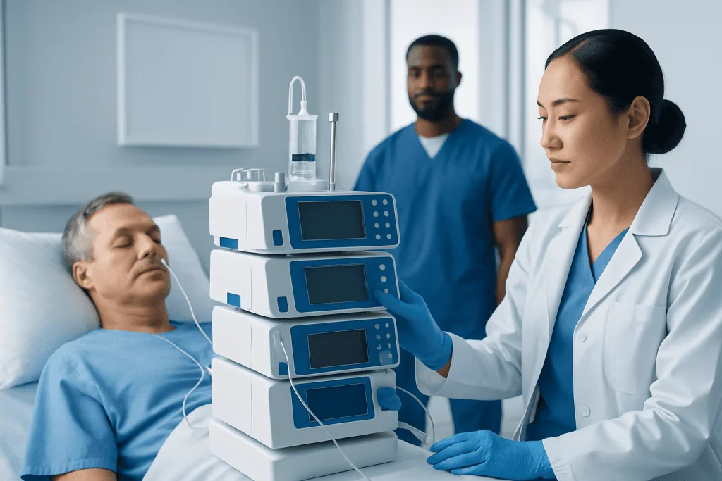 Medical professional adjusting dialysis machine beside patient in hospital.