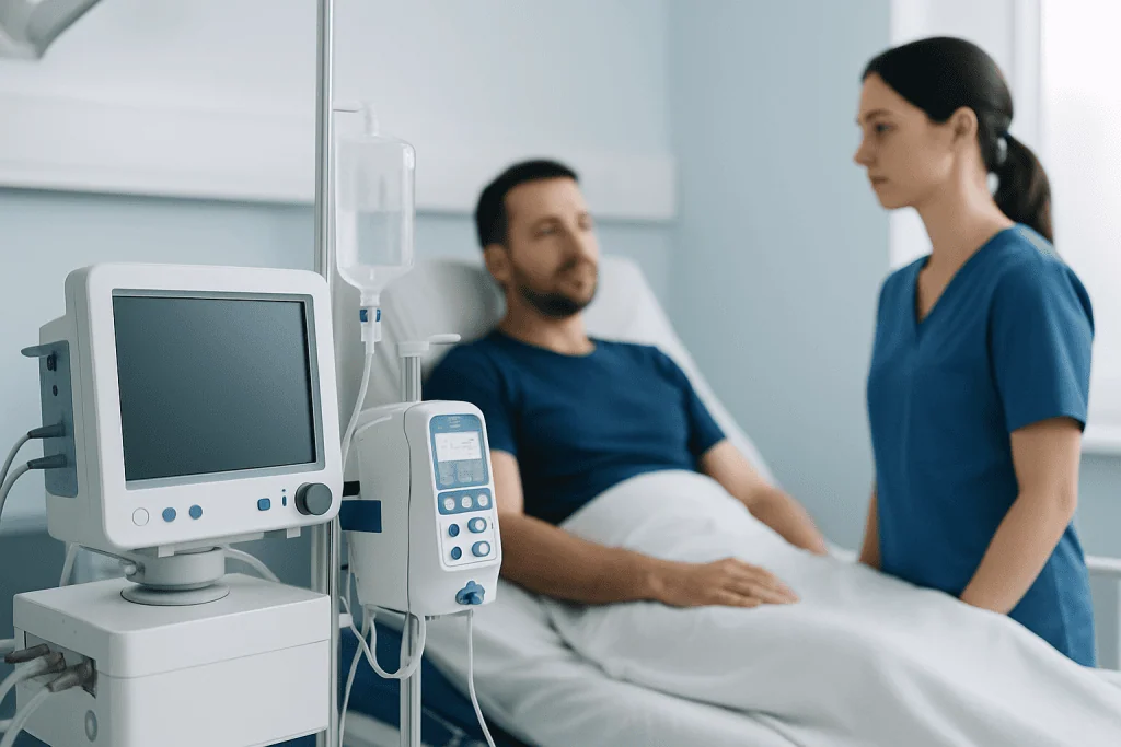 Hospital patient in bed with medical staff and monitoring equipment.