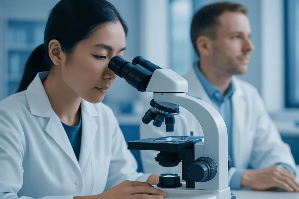 Research scientists using a microscope in a laboratory setting.