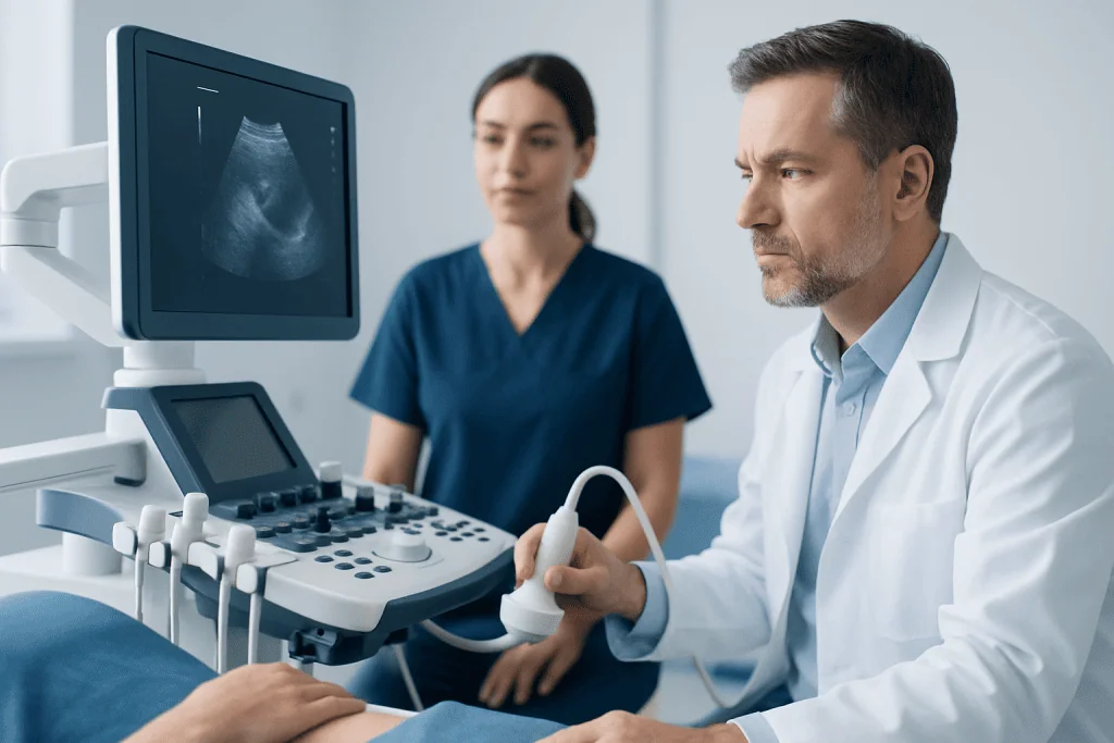 Doctor performing an ultrasound examination in a hospital setting.