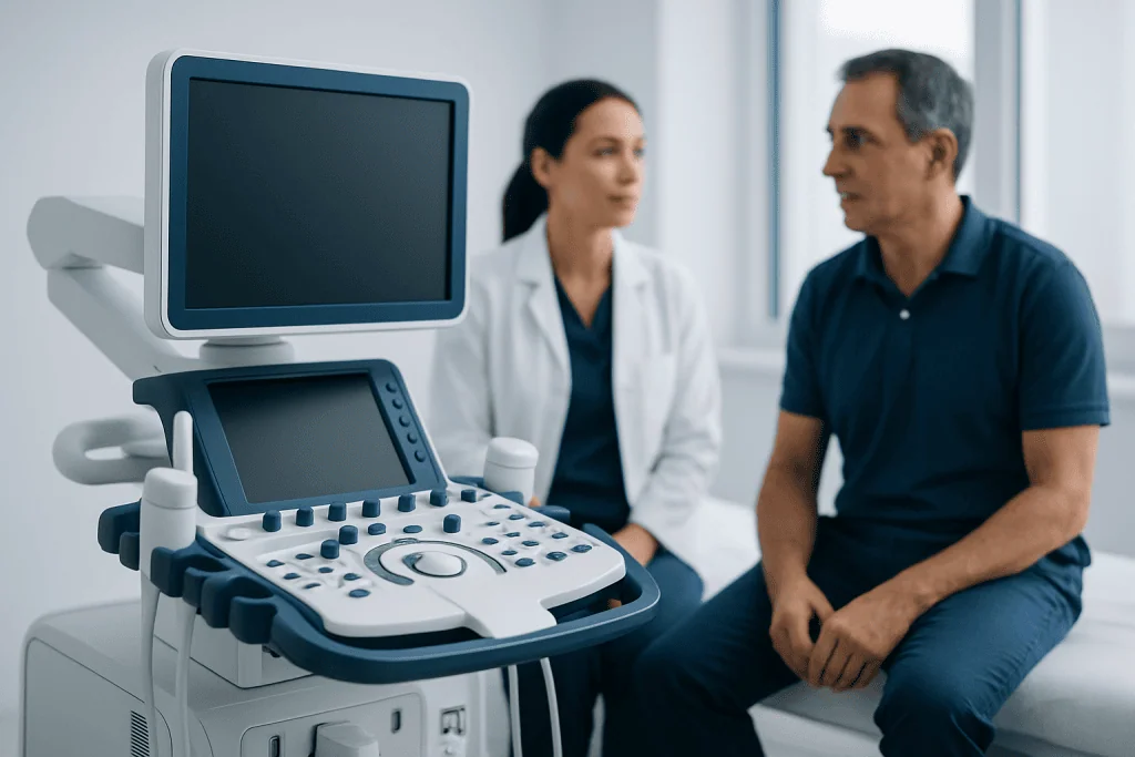 Doctor and patient discussing ultrasound results in a medical clinic.