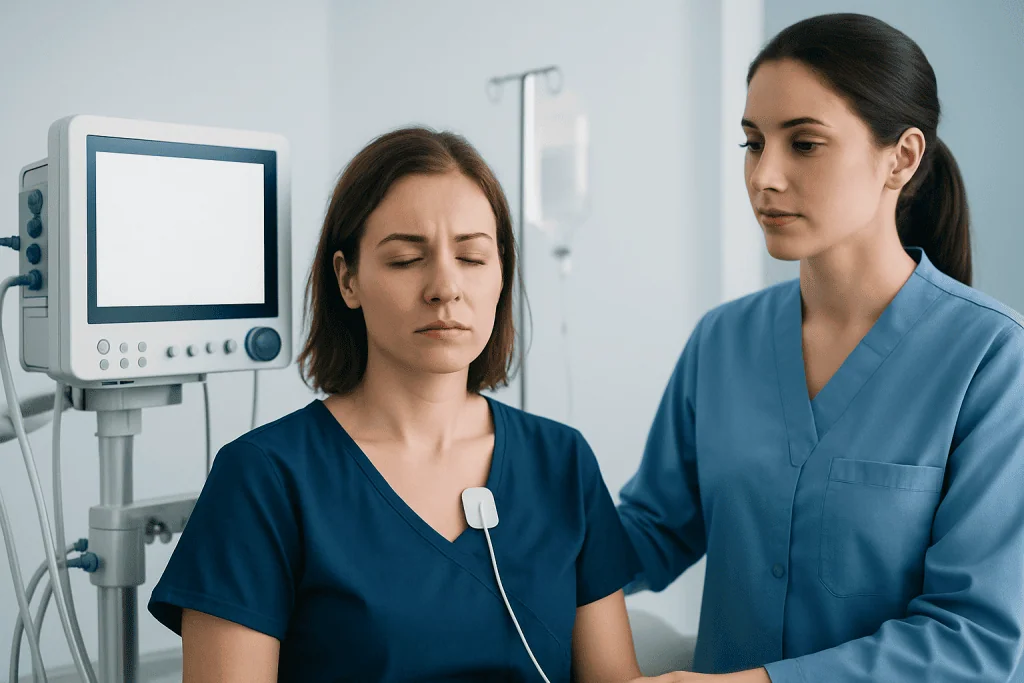 Patient undergoing a medical examination in a hospital setting.