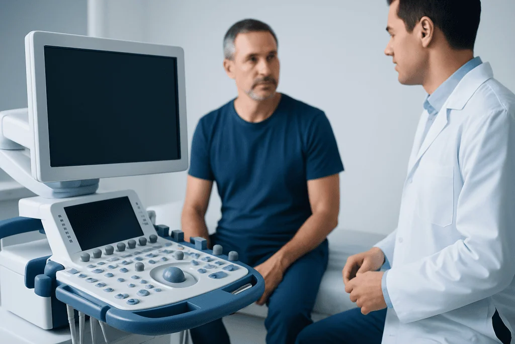 Doctor consulting patient with ultrasound machine in clinic.