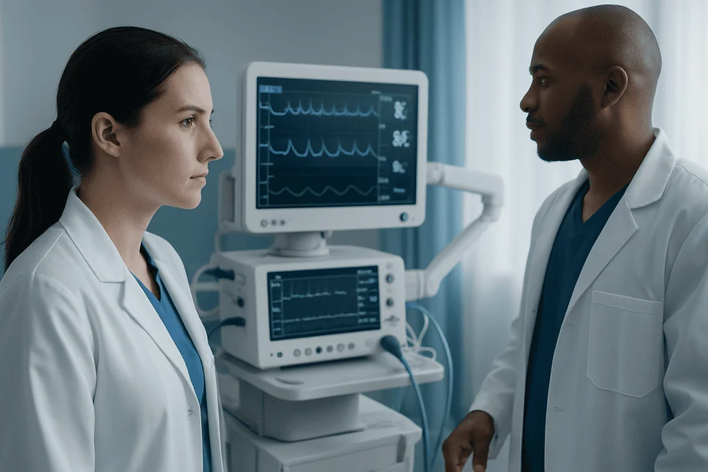 Medical professionals discussing patient data in a hospital setting.