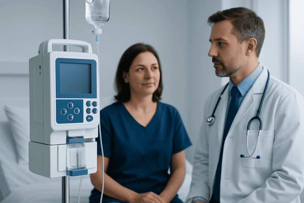 Doctor consulting a patient in a hospital room with medical equipment.