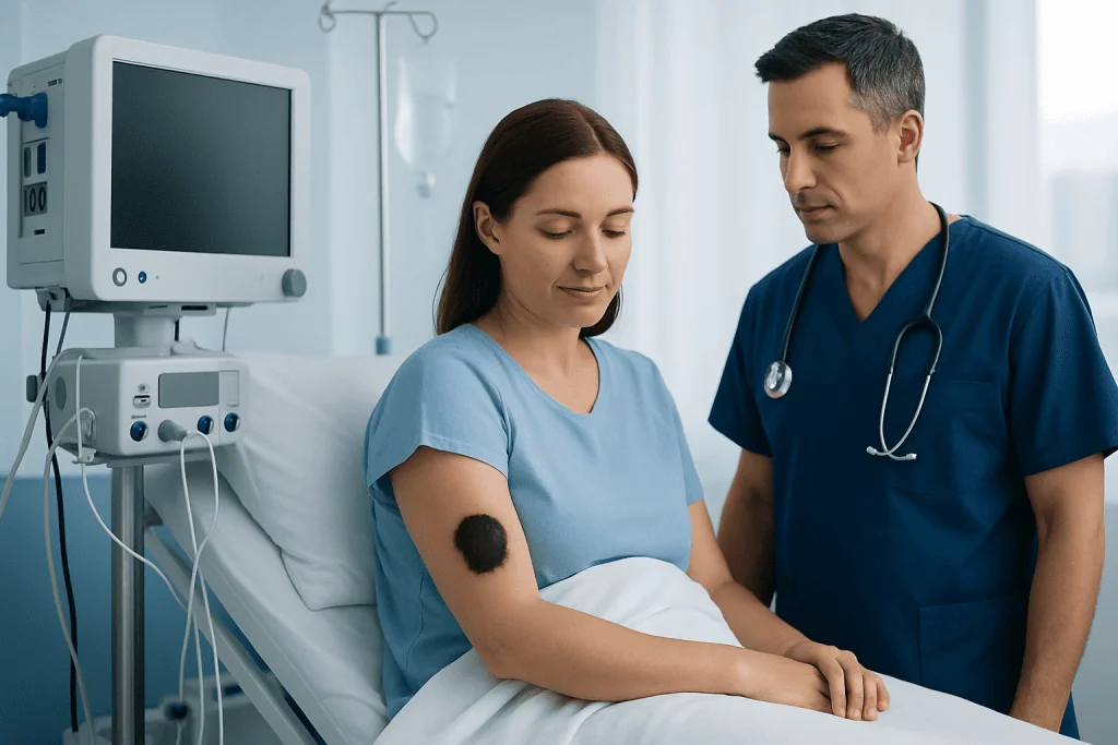 Patient with a wound dressing on her arm in hospital bed with doctor nearby.