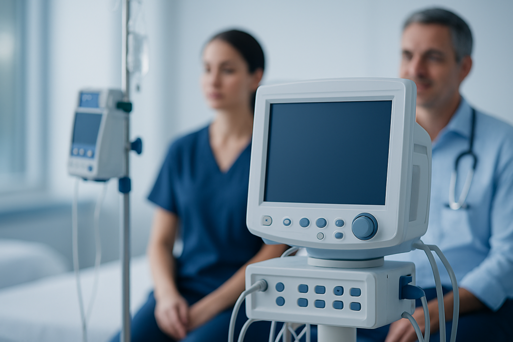 Hospital medical monitor with healthcare professionals in background.