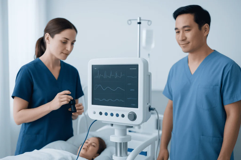 Medical professionals monitoring a patient with heart rate equipment in hospital.