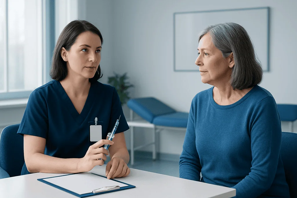 Nurse discussing medication with an elderly patient in a clinic setting.