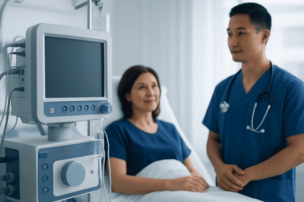 Healthcare professionals with a patient in a hospital room with medical equipment.