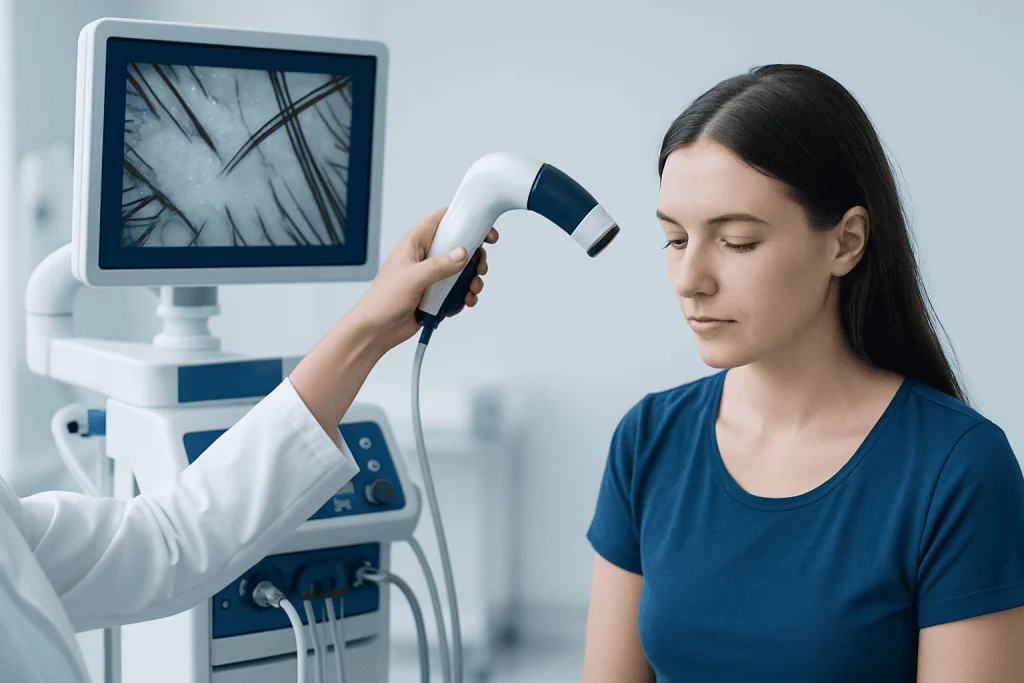 Dermatologist examines scalp using dermatoscope for scalp health assessment.
