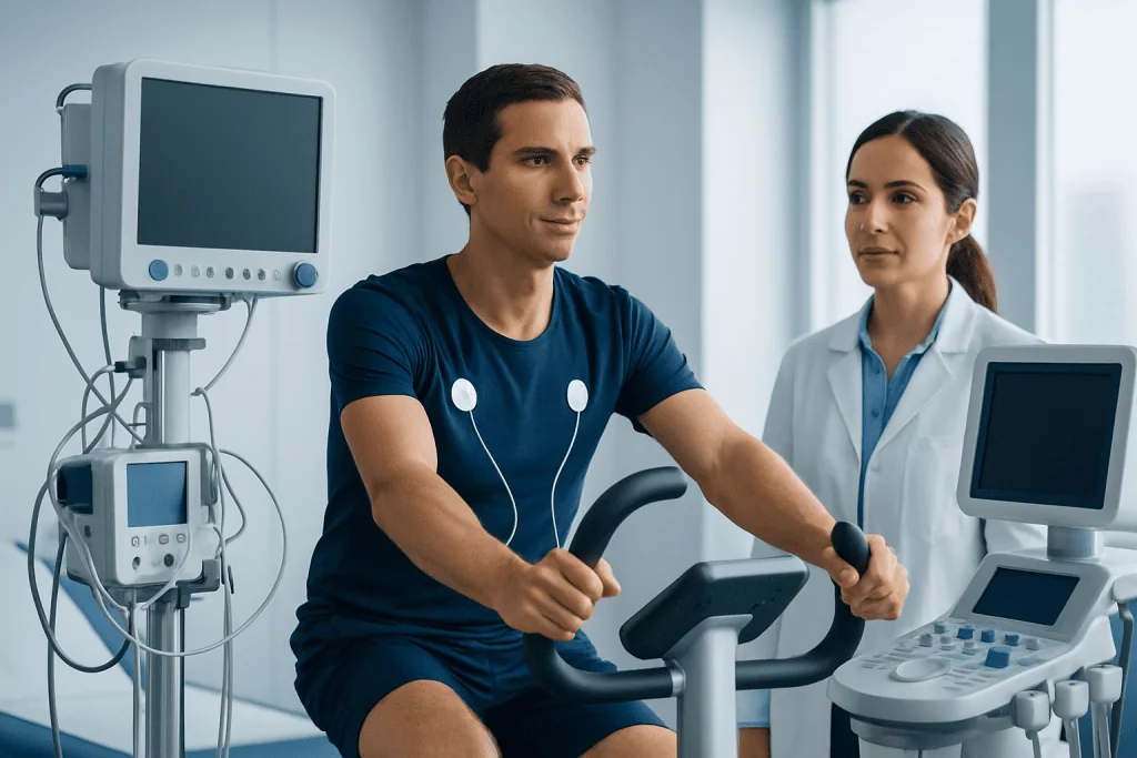 Patient undergoing cardiac stress test at Acibadem Hospital.