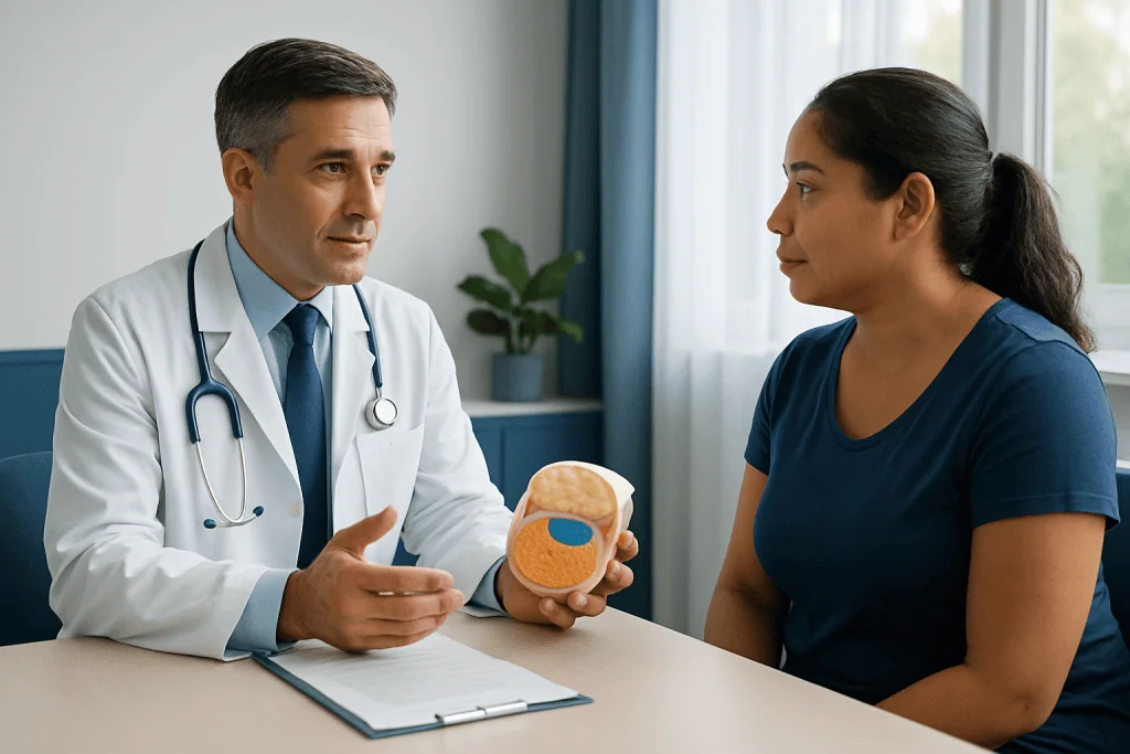 Doctor explaining prostate anatomy to female patient in consultation room.
