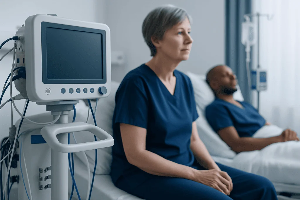 Healthcare professionals in a hospital room with medical monitors and equipment.