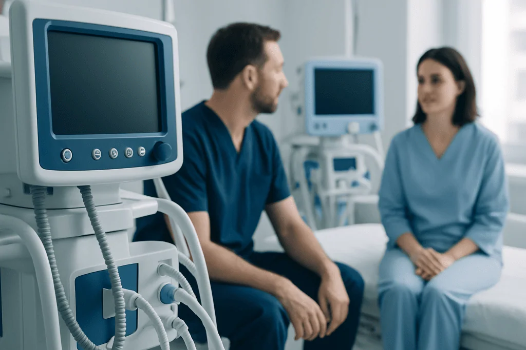 Doctor and patient in a hospital consultation room with medical equipment.
