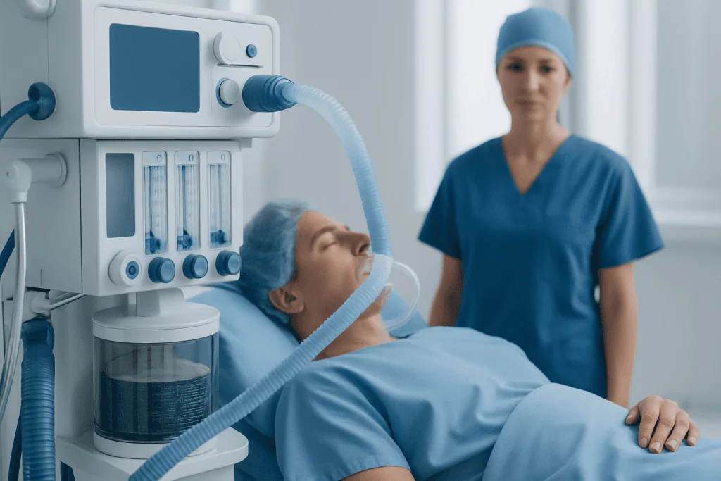 Patient on ventilator in hospital with nurse nearby.