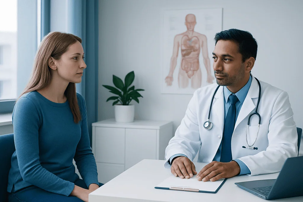 Doctor consulting with a female patient in a medical office setting.