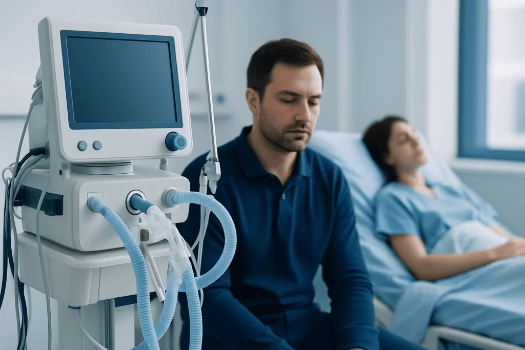 Patient in hospital bed with medical ventilator and monitor in background.
