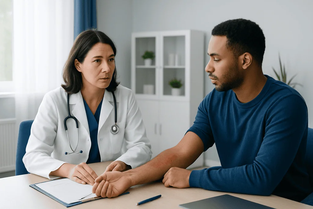 Doctor examining patient's arm in a consultation room.