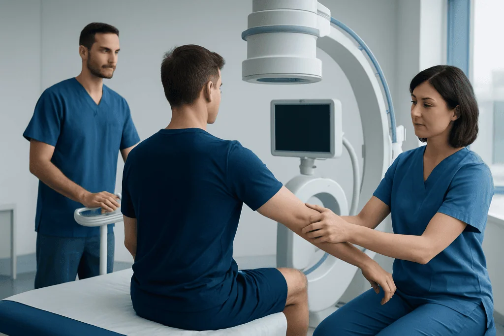 Medical professionals assist patient during external rotation examination at hospital.