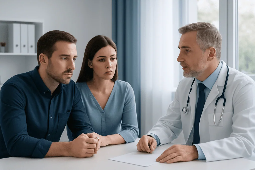 Doctor consulting with a couple in a medical office in Turkey.