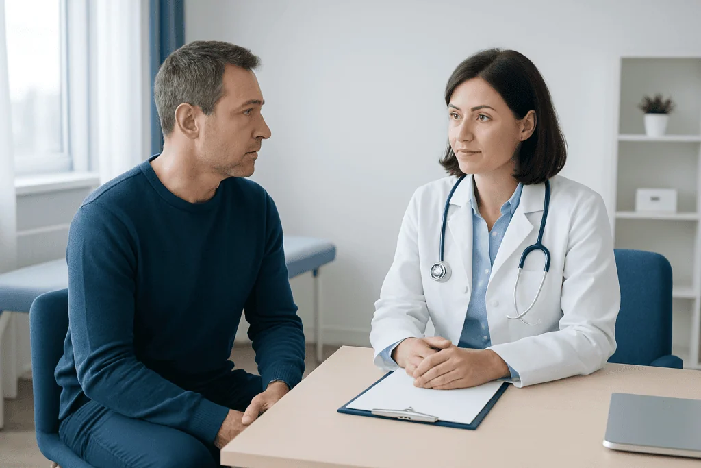 Doctor consulting with a male patient in a modern medical office.