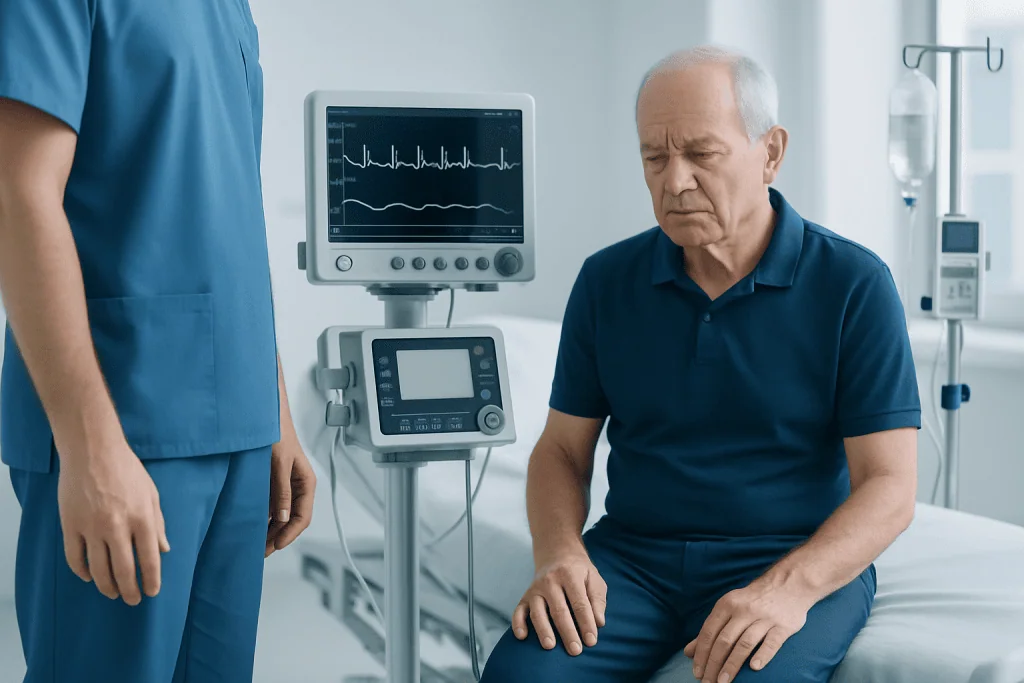 Elderly man with extrapyramidal symptoms in a hospital setting.
