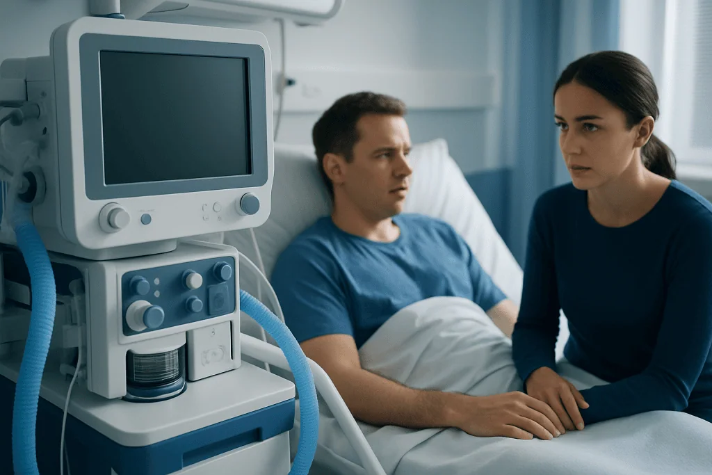 Hospital room with a patient and a nurse near medical equipment.