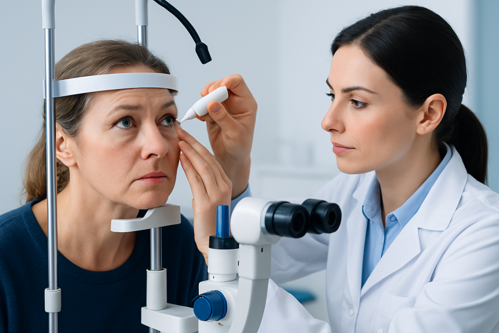 Ophthalmologist examining a woman's eye with specialized equipment at Acibadem Hospital.