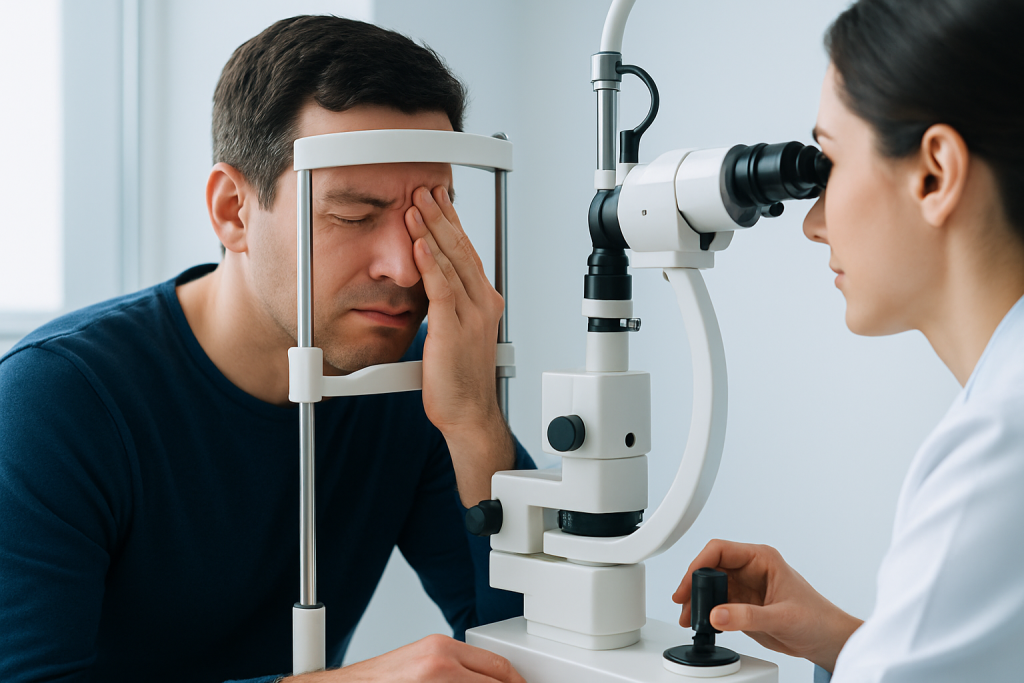 Patient experiencing eye pain during an eye examination at Acibadem Hospital.