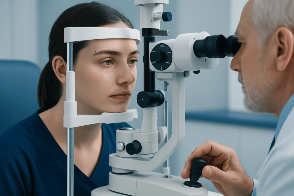 Optometrist examines patient's eye with slit lamp in clinic.