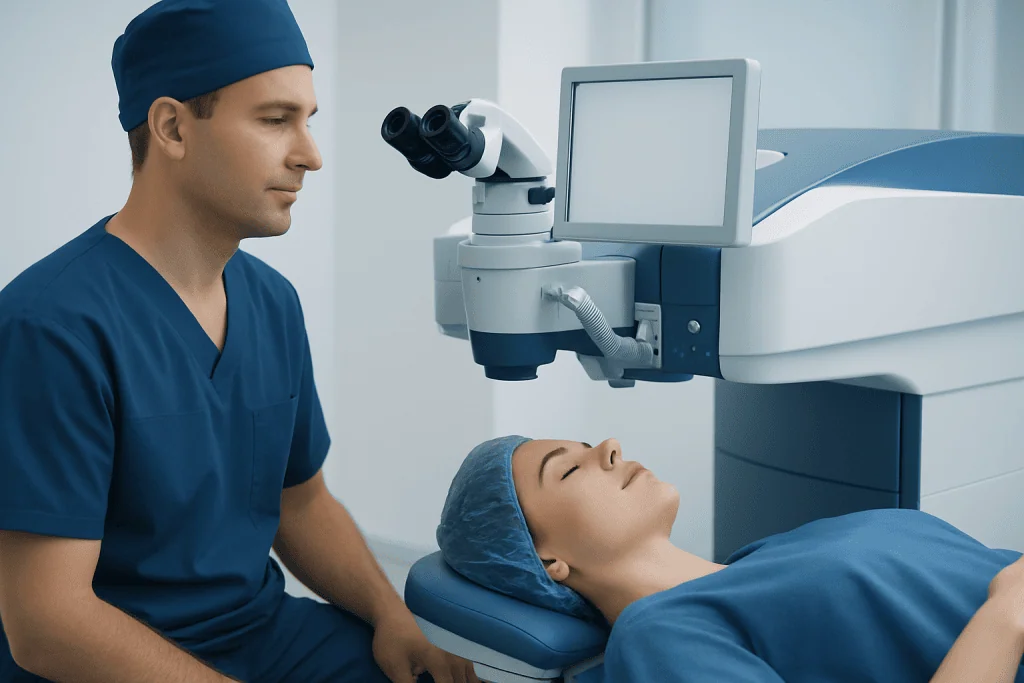 Medical professional performing laser eye treatment on patient in clinic.