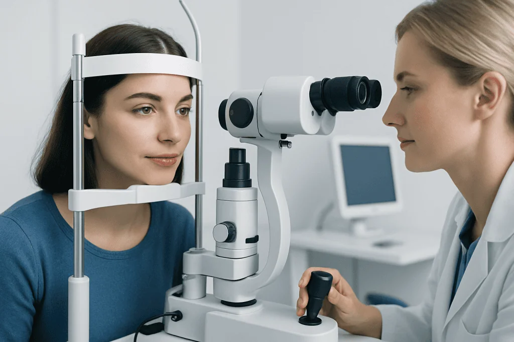 Optometrist examines patient's eyes with slit lamp in clinic.