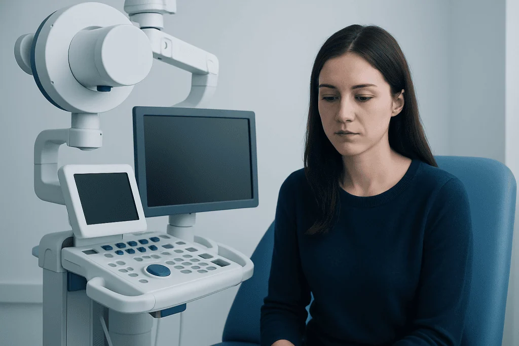Woman undergoing a medical examination with ultrasound equipment at Acibadem Hospital.