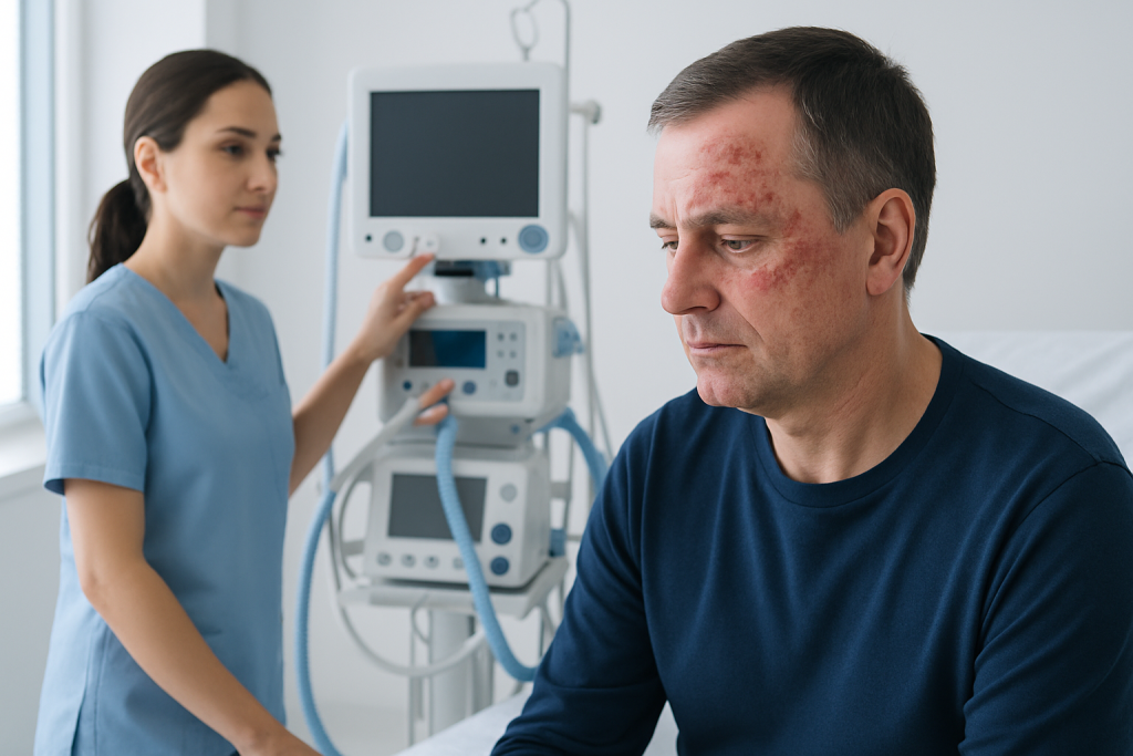 Patient with facial shingles in a hospital room with medical staff nearby.