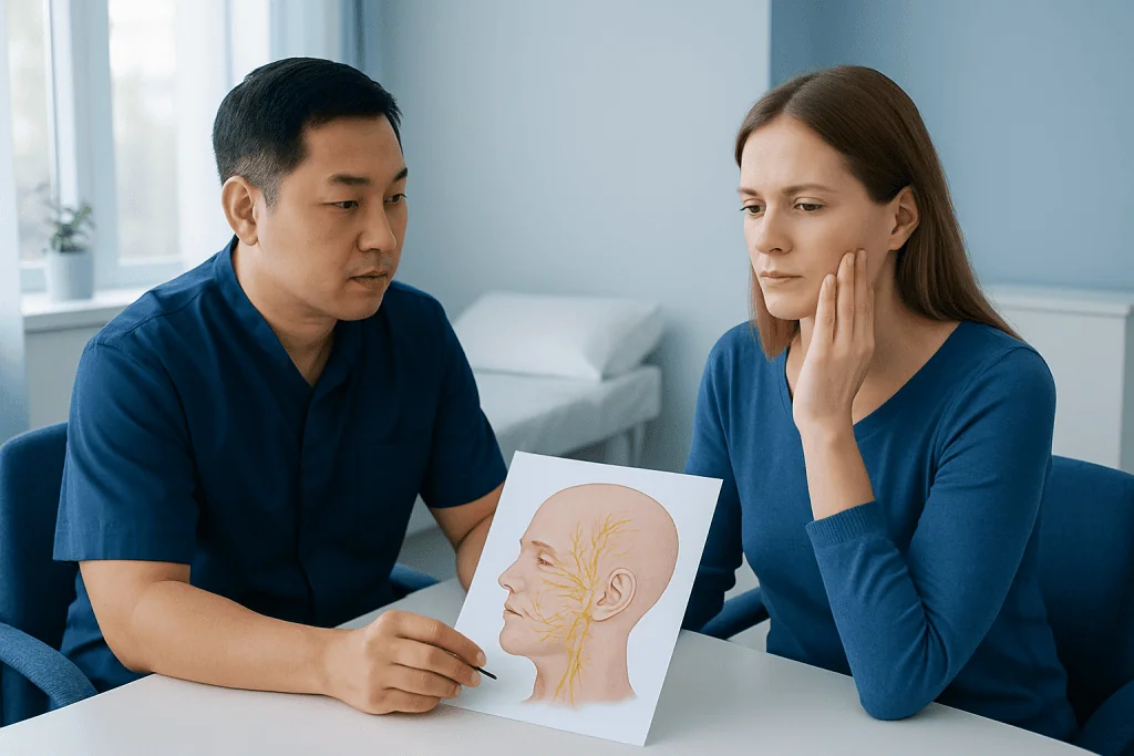 Doctor explaining facial nerve anatomy to patient with diagram.