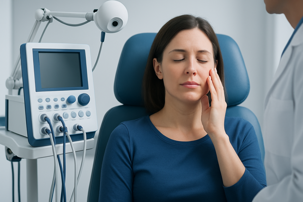 Woman experiencing facial tingling during medical examination at hospital.