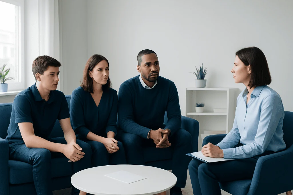 Family therapy session with a therapist and three clients in a modern office.