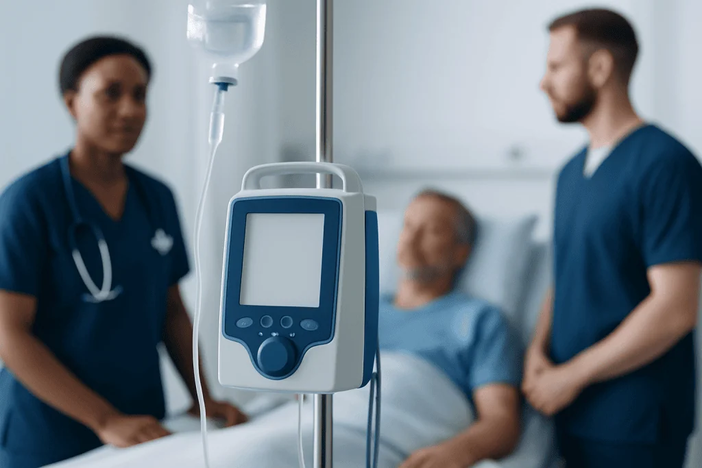 Hospital patient connected to IV drip with medical staff nearby.