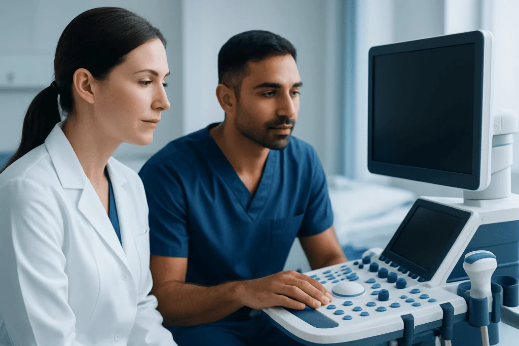 Medical professionals using ultrasound equipment in a hospital setting.