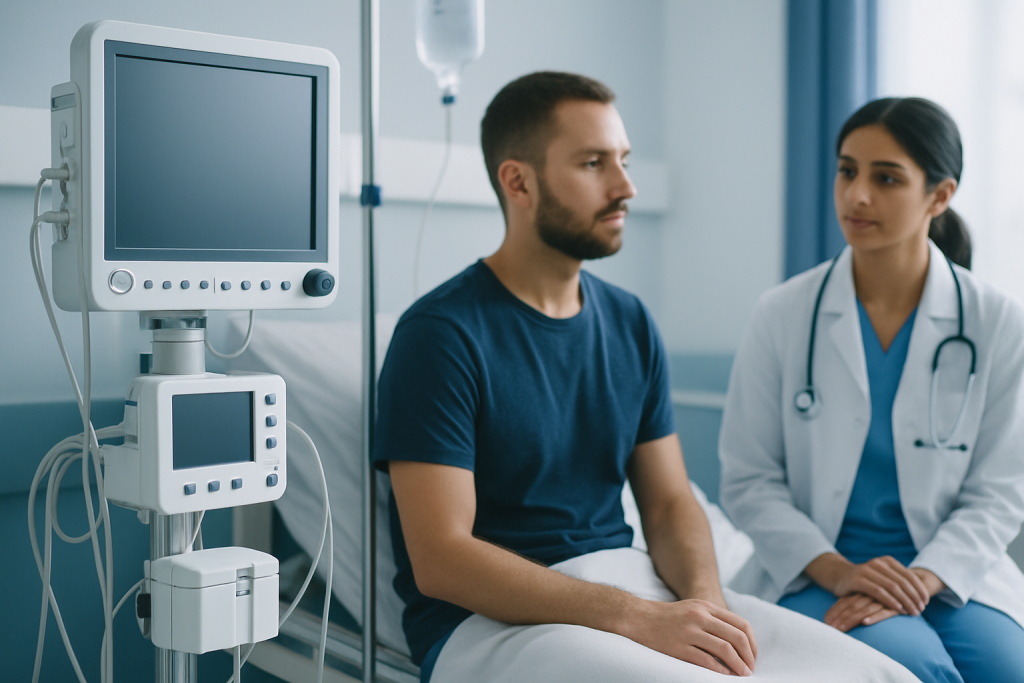 Patient consulting with doctor in hospital room with medical equipment.