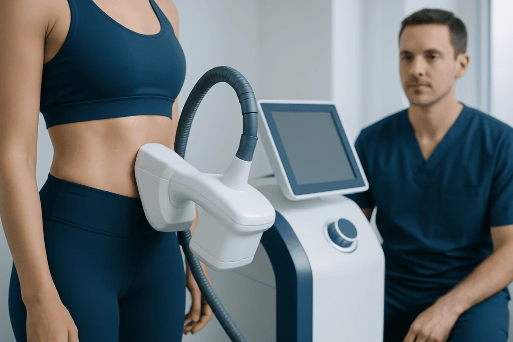 Woman undergoing fat reduction treatment with advanced medical device at Acibadem Hospital.