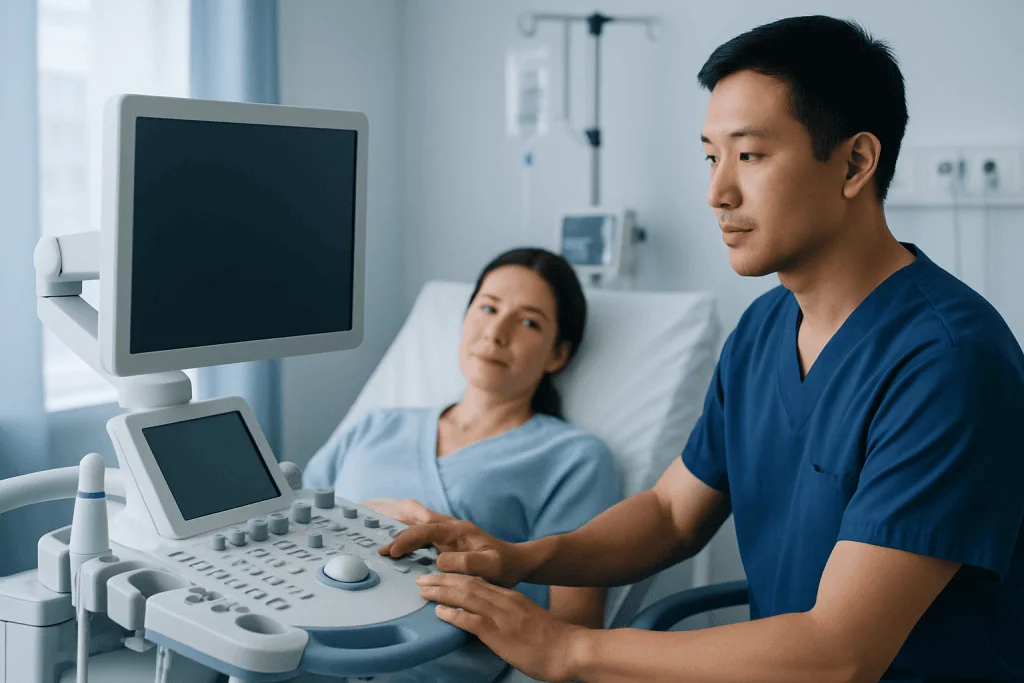 Doctor performing ultrasound examination on patient in hospital room.
