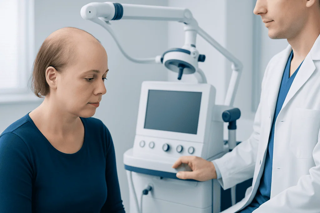 Doctor consulting female patient about hair loss treatment options.